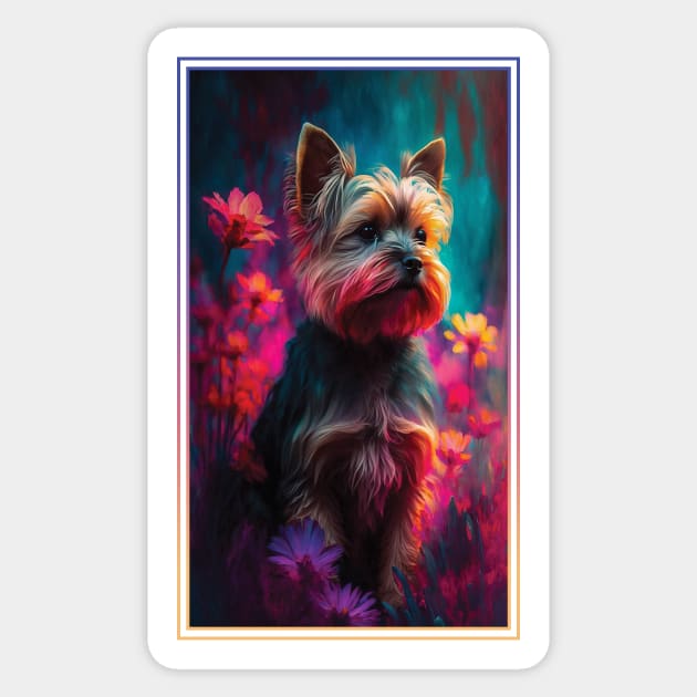 Yorkshire Terrier Dog Vibrant Tropical Flower Tall Digital Oil Painting Portrait 2 Sticker by ArtHouseFlunky